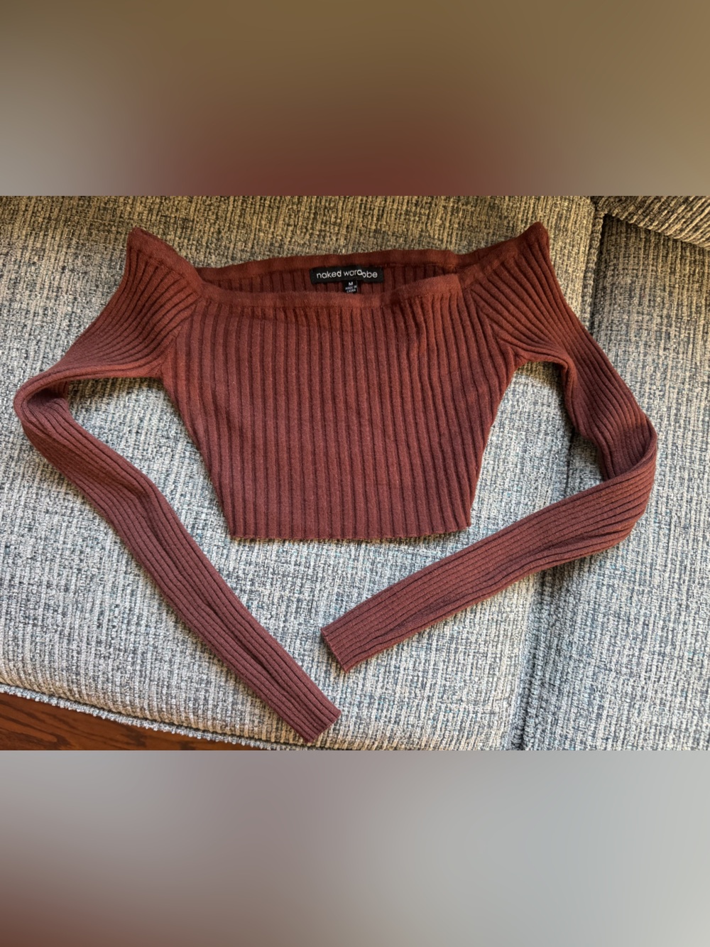 Naked Wardrobe Womans size M Ribbed Cropped LS Cardigan chocolate brown